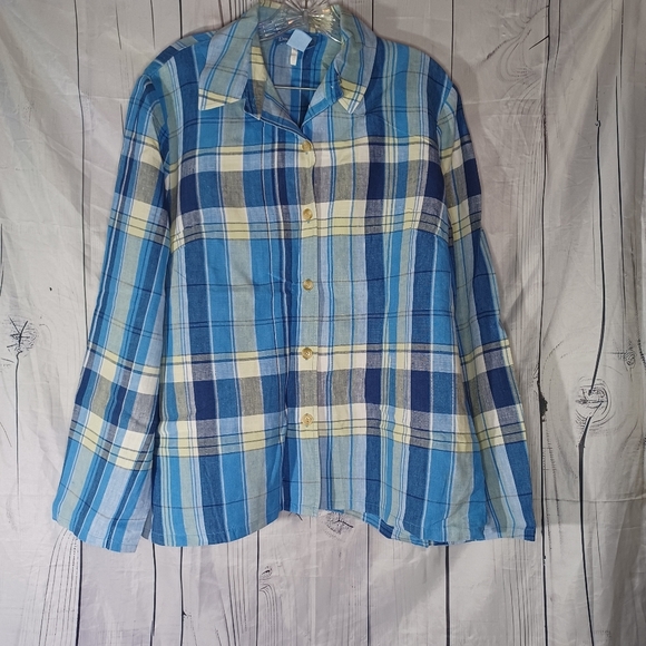 Evan Picone 100% Linen Blue and Yellow Plaid Button-Up Shirt - Picture 1 of 14